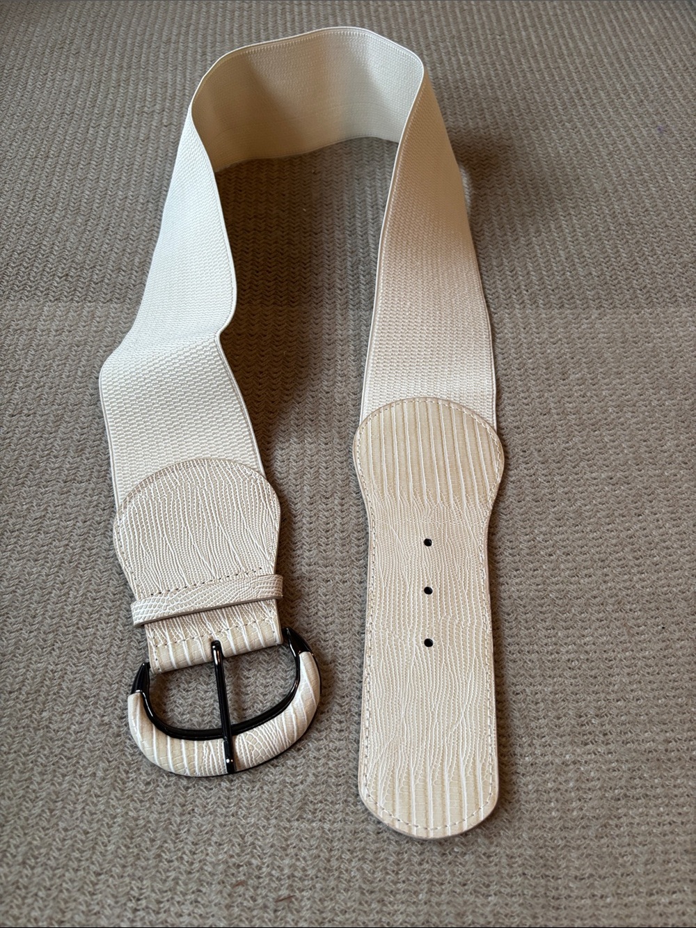 Cream Wide Elastic Waist Belt with Textured End Accents 33”-35”